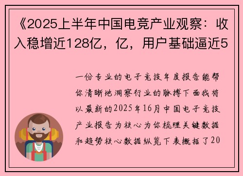 《2025上半年中国电竞产业观察：收入稳增近128亿，亿，用户基础逼近5亿大关》